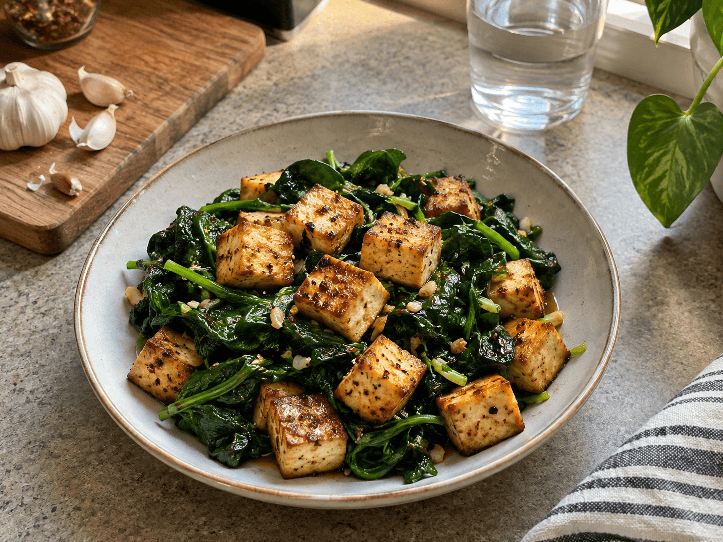 Air Fryer Tofu & Wilted Spinach