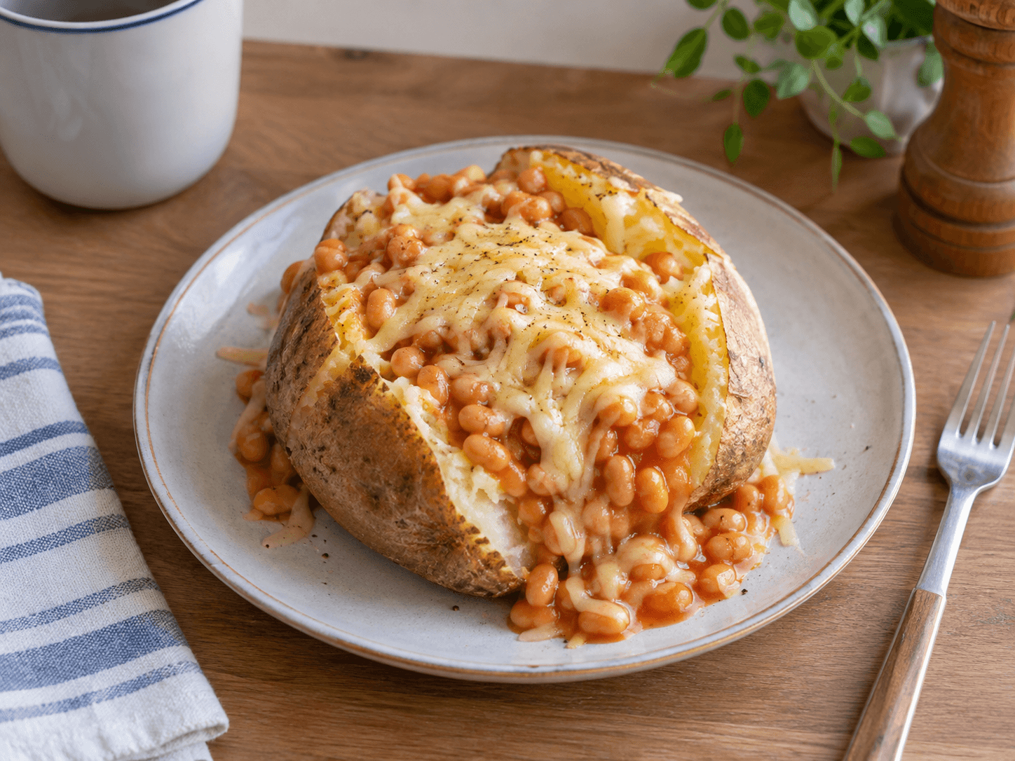 Microwave Cheesy Potato and Beans